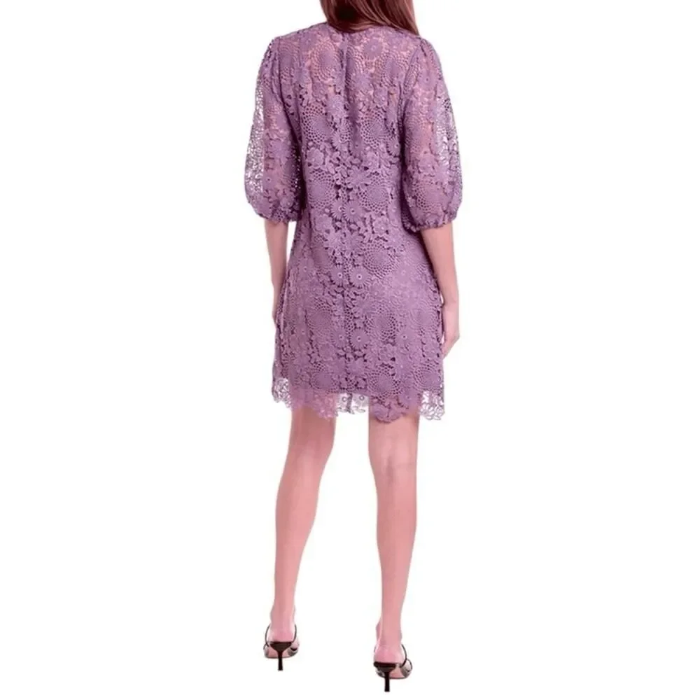 Johnny Was Lorrie Purple Crochet Lace Mini Dress Puff Sleeves Size Medium